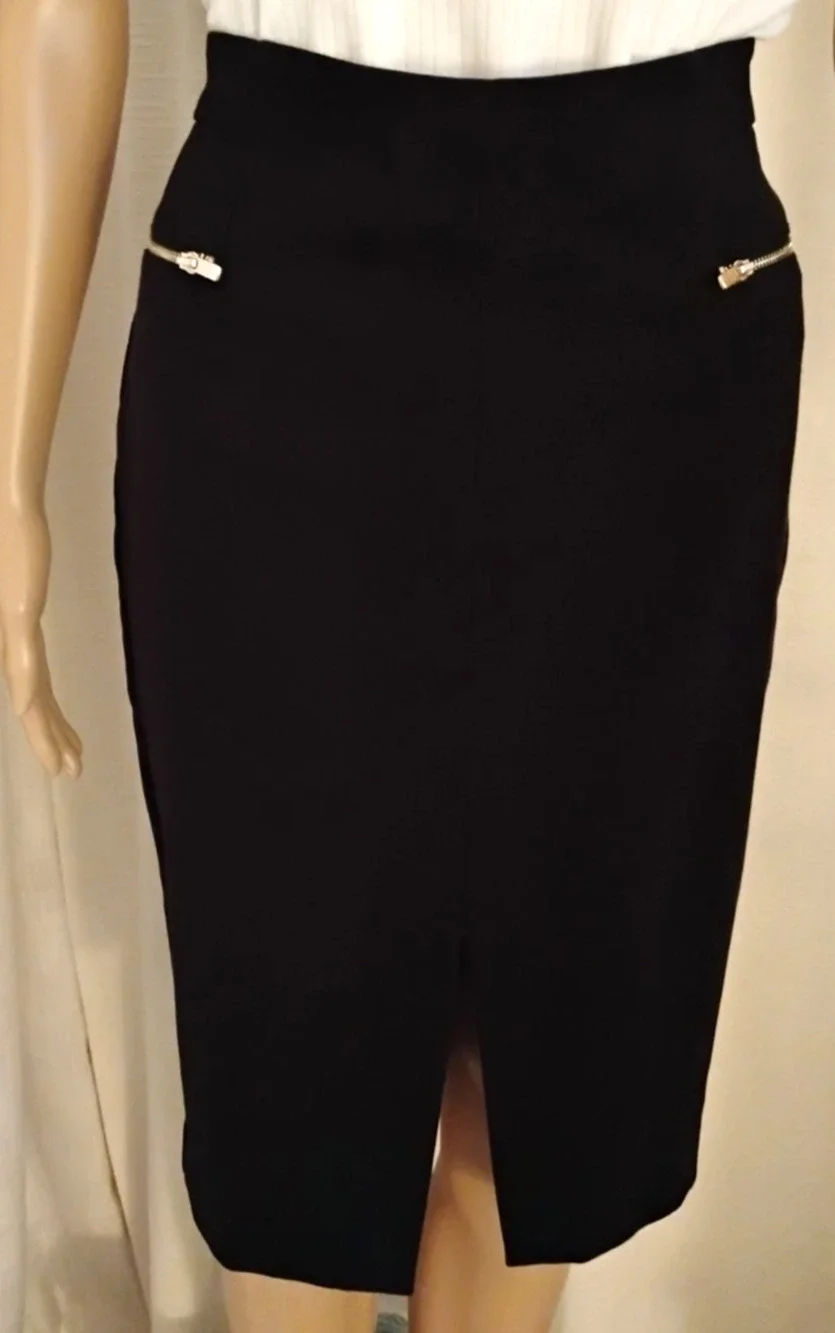 Pencil Skirt Knee Length Front Slit Zip Detail Stretch Office Minimalist Size 6